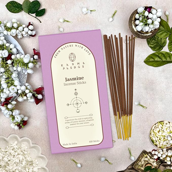 Jasmine Incense Sticks, Organic Hand Dipped 100 Sticks with Natural Herbs & Aromatic Ingredients, Burn Time 45 to 60 Minutes, Incense for Positivity, Yoga, Meditation, Relaxation, Spiritual Gift
