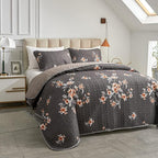 2 Pieces Quilt Set Twin Size, Dark Gray Floral Reversible Bedspread Coverlet Set, Soft Microfiber Lightweight Bed Cover for Kids (68" x 86", 1 Quilt+ 1 Pillow Sham)