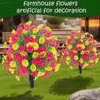 22.8" Set of 2 Fall artificial Boxwood topiary Ball tree for outdoors with Spike,UV Resistant Faux Shrubs Outdoor with morning glory flowers,Faux Plants Bushes for Garden Porch Yard Patio Decor YR