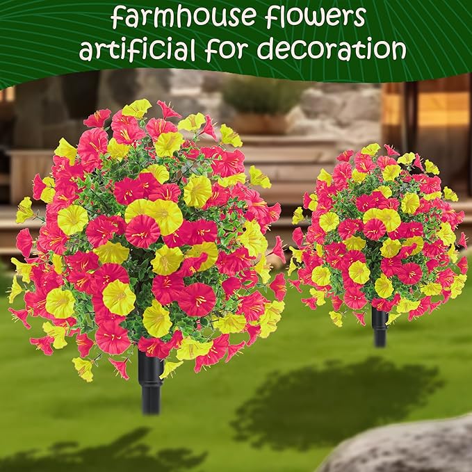 22.8" Set of 2 Fall artificial Boxwood topiary Ball tree for outdoors with Spike,UV Resistant Faux Shrubs Outdoor with morning glory flowers,Faux Plants Bushes for Garden Porch Yard Patio Decor YR