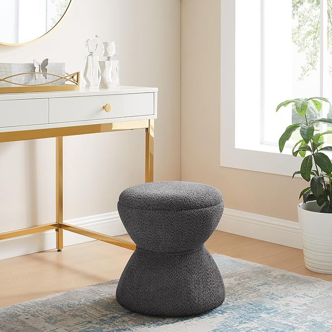 VANOMi Multi-Functional Boucle Ottoman, Vanity Stool Chair, Sturdy Wooden Footstool, Suitable for Living Room, Bedroom, and Entryway, Without Installation, Dark Grey