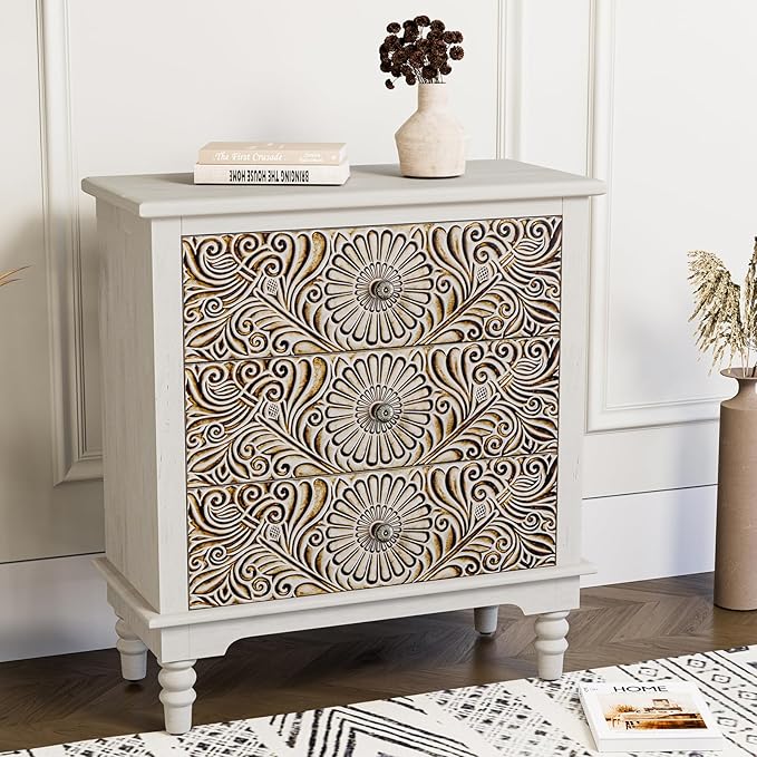 HOMPUS Farmhouse 3-Drawer Dresser with Flower Pattern, Night Stand with 3 Storage Drawers, Fully Assembled Nightstand for Boho, Accent End Table, Chest of Drawers for Entryway, Bedroom, Distress White