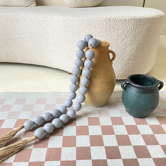 OMISHE 76" Long Extra Large Wood Bead Garland Grey with 1.6" Diameter Wooden Beads and Tassels, Rustic Farmhouse Country Decorative Beads for Home Tiered Tray Decor, Grey