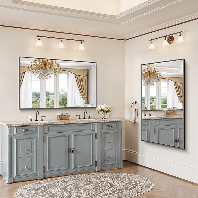 YIROMAN Bathroom Mirror 50"x30", Large Matte Black Bathroom Mirror for Over Sink with Aluminum Frame, Rectangular Vanity Mirror with Right Angle, Wall Mirror Hangs Horizontal or Vertical, Shatterproof