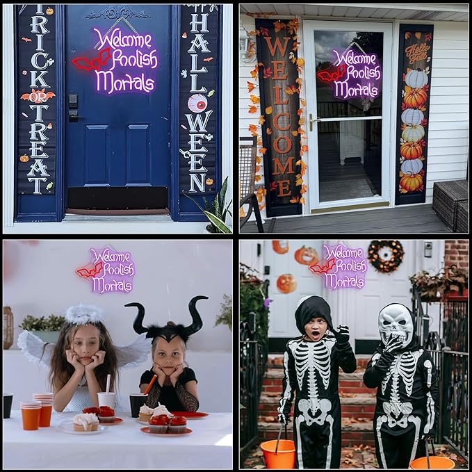 WLHOPE Welcome Foolish Mortals Halloween Neon Sign LED Neon Signs for Wall Halloween Decor Light Up Sign for Wall Decor Party Door Windows Bar Man Cave Decoration USB Powerd 16.1x12.6inches