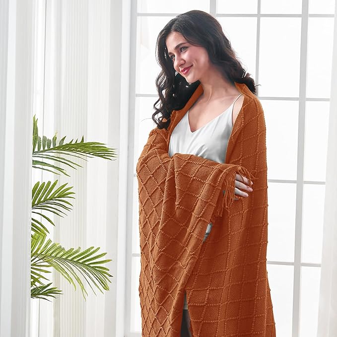 inhand Knitted Throw Blankets for Couch and Bed, Soft Cozy Knit Blanket with Tassel, Orange Rust Lightweight Decorative Blankets and Throws, Farmhouse Warm Woven Blanket for Men and Women, 60"x80"