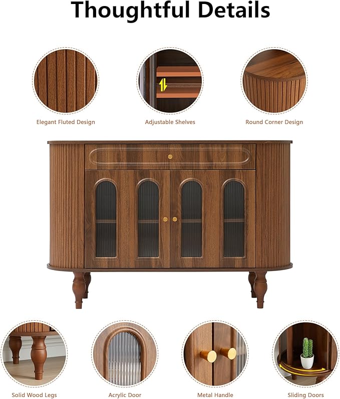 47'' Fluted Sideboard Buffer Cabinet with Drawer, Modern Credenza Storage Cabinet, Bar Cabinet Console Table with Tambour Sliding Side for Living Dining Room Kitchen Hallway Entryway, Walnut