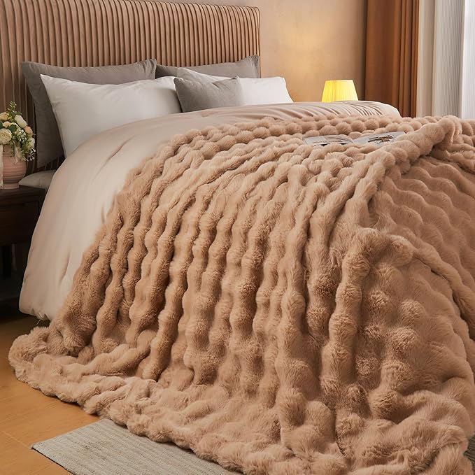 Lotus Karen Faux Fur Throw Blanket Khaki - Big Bubble Rabbit Fluff Blanket for Couch, Small Fluffy Fuzzy Cozy Blanket, Thick Furry Plush Shaggy Blankets, 50x60 Inches