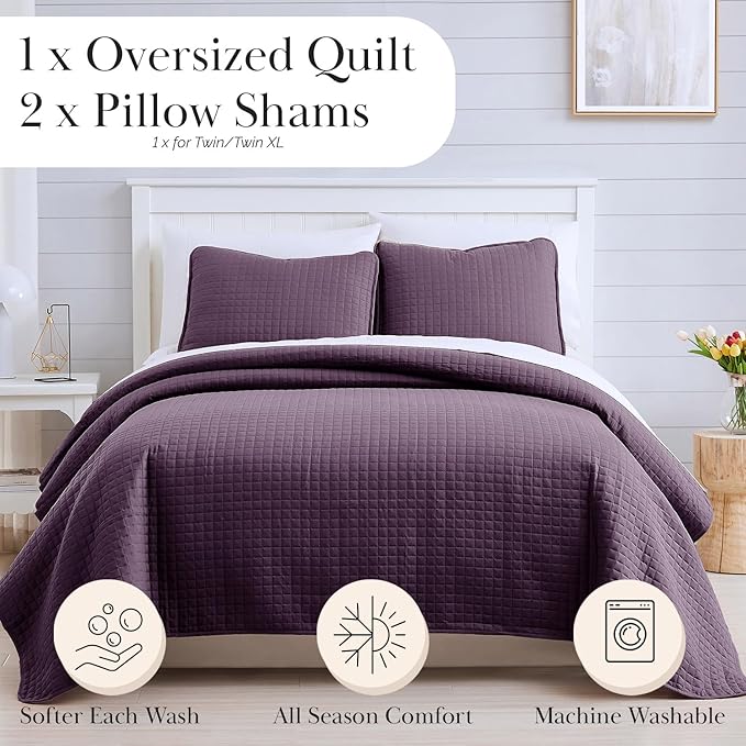 Southshore Fine Living, Inc. Twin XL Comforter Quilt Set, Dorm Bedding Essentials, Stain Resistant, Machine Washable Purple Bed Spread, Twin XL Quilt Bedspread Set with Matching Pillow Sham, Purple