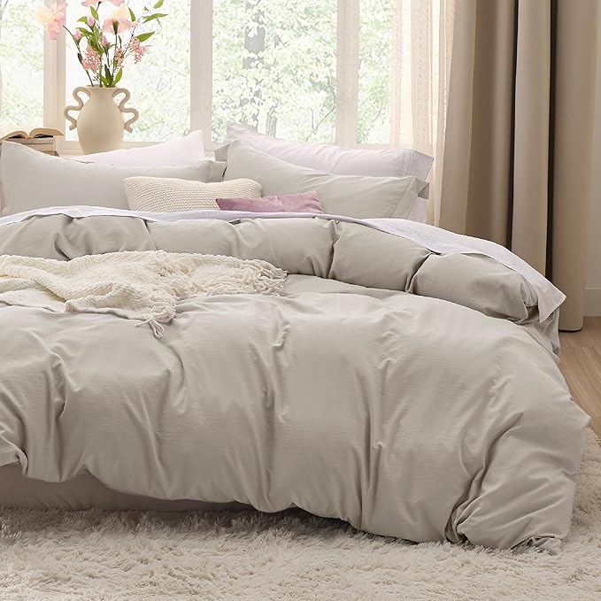 Bedsure Duvet Cover Twin/Twin XL Size - 2 Pieces Prewashed Cotton-Like Extra Soft Bedding Set, Includes 1 Twin Duvet Cover 68x90 Inches with Zipper Closure & 1 Pillow Sham, Linen, No Comforter