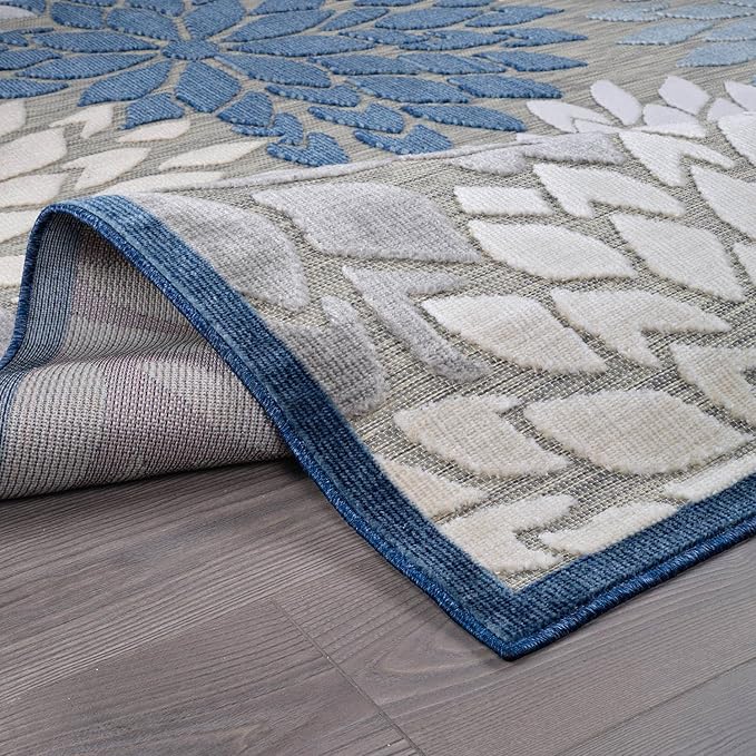 Beverly Rug Outdoor Rug 6x9 Modern Floral Tropical Area Rugs for Indoor and Outdoor Patio Easy to Clean Non Shedding Living Room Porch Garden Washable Outside Carpet (6 x 9 Blue)