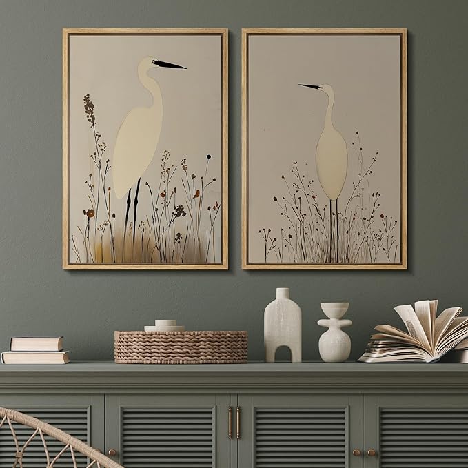 SIGNFORD Framed Canvas Print Wall Art Set Minimalist Heron Art Simplified Shapes in Neutral Tones Illustration Modern Art Decorative Nordic Nature for Living Room, Bedroom, Office - 24"x36"x2 Natural