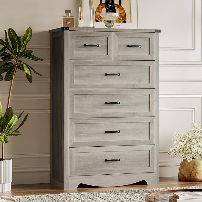 Tall 6-Drawer Dresser for Bedroom, Modern Wooden Chest of Drawers with Metal Handles, Anti-Tipping Design, Sturdy and Stable Storage Organizer for Living Room, Entryway, Home Office, Standard