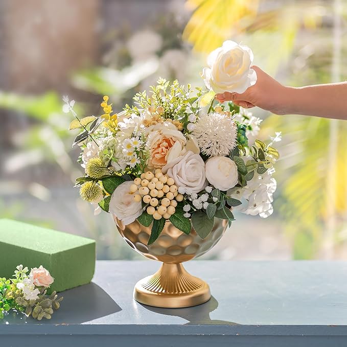 Sziqiqi Gold Metal Vases for Wedding Centrepiece: 6.1in 2Pcs Hammered Urn Vase Bowl Compote Vase for Flower Decorations