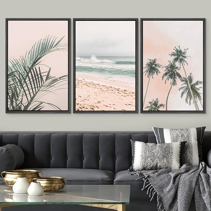 SIGNWIN Framed Canvas Print Wall Art Set Tropical Palm Leaf Beach Ocean Shore Landscape Nature Wilderness Photography Modern Art Realism Decorative for Living Room, Bedroom, Office - 24"x36"x3 Black