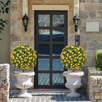 25" Artificial Boxwood Topiary Ball Fall Autumn Tree with Yellow Flowers，Fake Mums Plants with Ground Spike，Set of 2 UV Resistant Faux Bushes, Faux Shrubs for Garden, Patio, Porch, Yard, Indoor