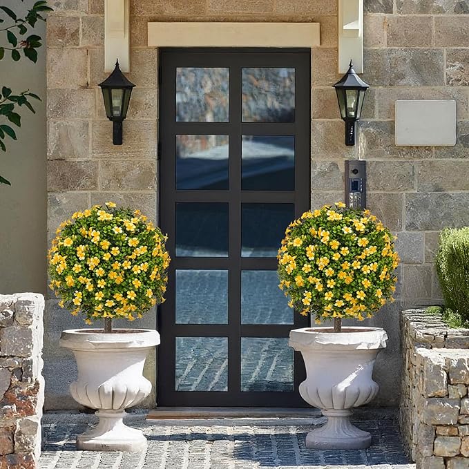 25" Artificial Boxwood Topiary Ball Fall Autumn Tree with Yellow Flowers，Fake Mums Plants with Ground Spike，Set of 2 UV Resistant Faux Bushes, Faux Shrubs for Garden, Patio, Porch, Yard, Indoor