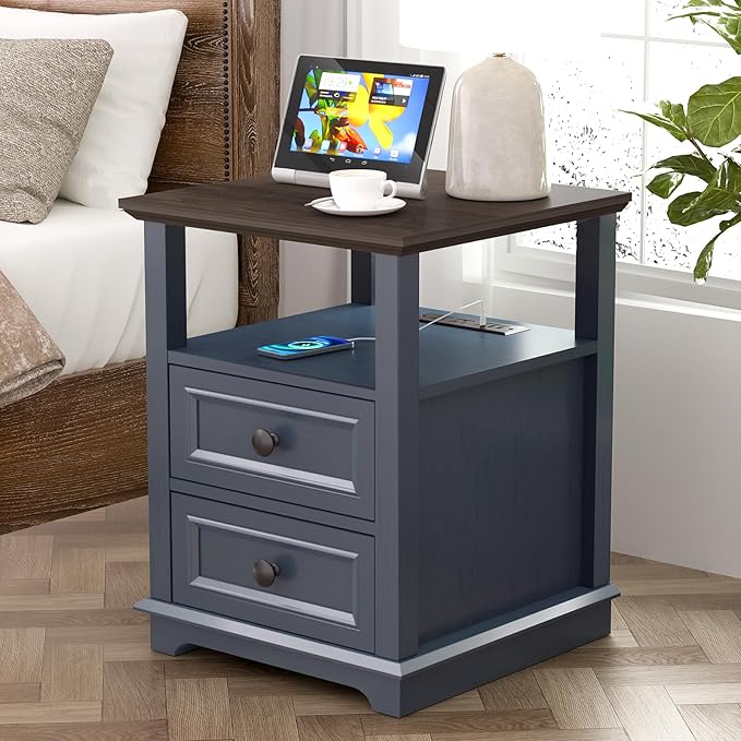 End Table with Fast USB C Charging Station, 18" Wide Tall Sofa Side Table with 2 Drawers, Large Storage Rustic Wood Square Storage Cabinet for Living Room,Bedroom,Office, Blue