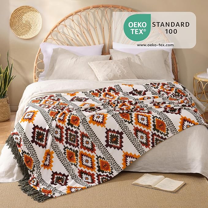 CASAAGUSTO Boho Throw Blanket - Orange and Green Decorative Blankets with Tassel, Printed Flannel Bohemian Blanket for Chair, Bed, Sofa, Couch(60 * 80, Orange and Green)