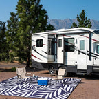 OLANLY Waterproof Outdoor Rug 9x12 ft, Reversible Outdoor Plastic Straw Rug with Leaf Pattern, RV Mat, Indoor Outdoor Carpet for Patio, Camping, Balcony, Deck, Backyard, Navy & White