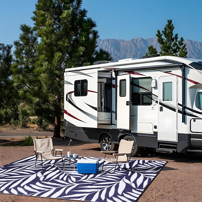 OLANLY Waterproof Outdoor Rug 8x10 ft, Reversible Outdoor Plastic Straw Rug with Leaf Pattern, RV Mat, Indoor Outdoor Carpet for Patio, Camping, Balcony, Deck, Backyard, Navy & White