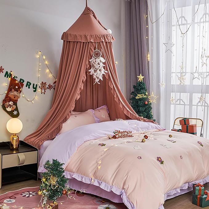 VETHIN Bed Canopy for Girls,Princess Round Dome Dreamy Mosquito Net Bedding Girls Room Castle Play Tent Hanging House Decor Reading Nook Canopies (JujubeRed)