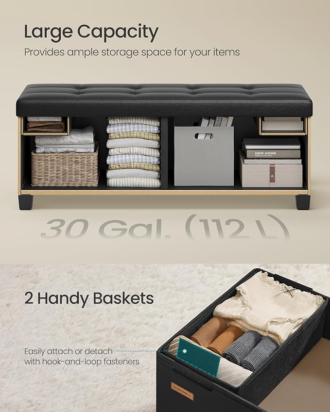 SONGMICS Storage Ottoman, Storage Bench with Legs, 15 x 43 x 15.7 Inches, Ottoman Bench, 30 Gal. (112 L), Synthetic Leather, for Living Room, Entryway, Ink Black ULSF0514B02