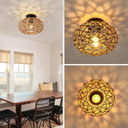Rattan Ceiling Light Fixtures, Woven Wicker Semi Flush Mount Ceiling Light, Coastal Boho Rattan Ceiling Light for Farmhouse Bedroom Hallway Entryway Kitchen