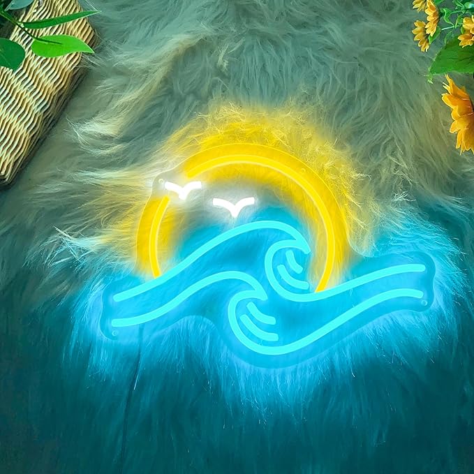 Sunrise Sunset Neon Sign Sun & Sea Neon Signs Sea Wave LED Neon Light Sign for Wall Decor Ocean Surf Sign f