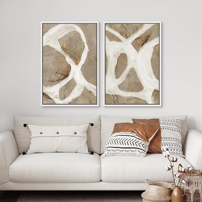 SIGNFORD Framed Canvas Print Wall Art Set Abstract White and Beige Brushstrokes on Neutral Illustrations Modern Art Decorative Bohemian for Living Room, Bedroom, Office - 16"x24"x2 White