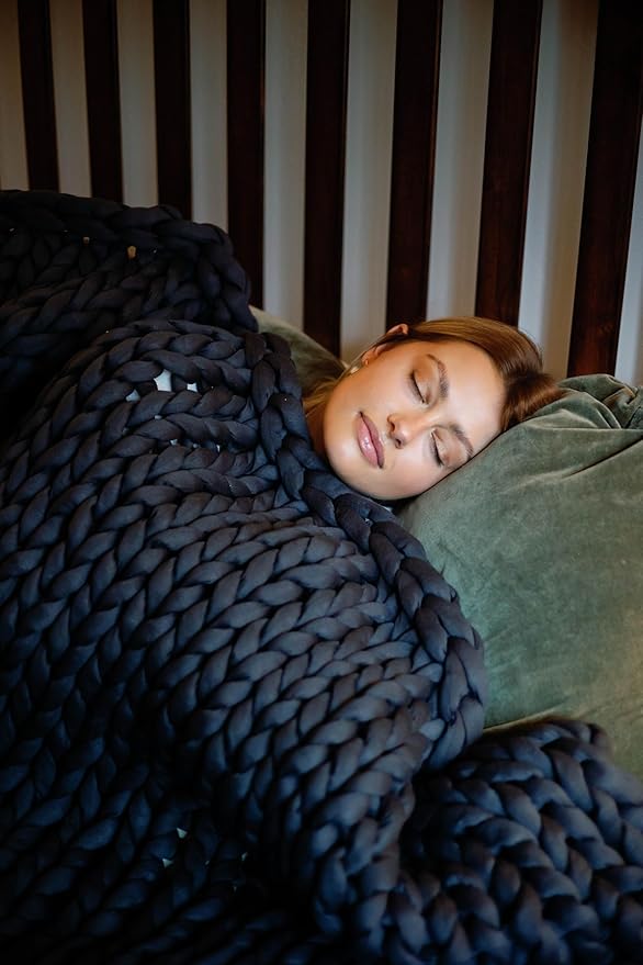 Nuzzie Chunky Knit Weighted Blanket - Breathable, Cooling, Hand Made Knit Throw Blanket for Sleep - Machine Washable, Stylish Decor Design (Dusty Blue, Queen | 28lbs | 80"x80")