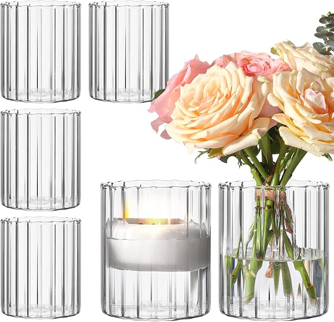 ComSaf 6pcs Mini Glass Cylinder Vases 3.9 Inch Tall, Small Vase for Flowers, Short Ribbed Vases for Centerpieces, Clear Hurricane Glass Candle Holders for Table Party Home Decor