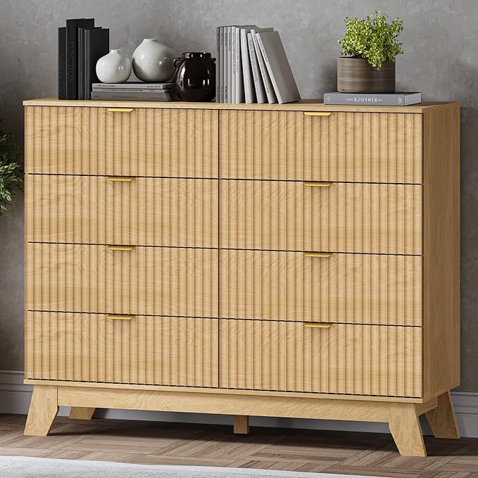 Fluted 8 Drawer Tall Dresser, 47.2" Wide Modern Boho Chest of Drawers, Wooden Storage Dresser TV Stand for Bedroom, Living Room, Closet, Hallway, Curved Profile Design