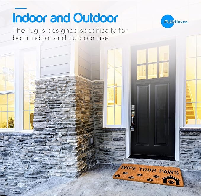 PLUS Haven Coco Coir Door Mat with Heavy Duty Backing, Natural Wipe Your Paws Doormat, 17.5”x30” for Entrance, Front Porch, Easy to Clean Entry Mat, Outdoor and Indoor Uses, Home Decor
