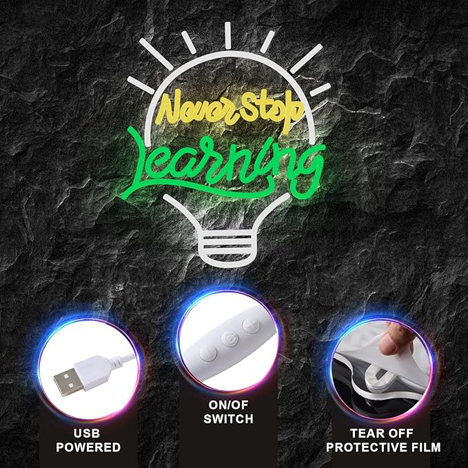 Never Stop Learning Neon Signs for Wall Decor USB Powered & Dimmable Neon Lights SignInspirational Letter Neon Lights for Classroom Library Study Room Bookstore Reading Corner&Book Club Motivational Wall Art