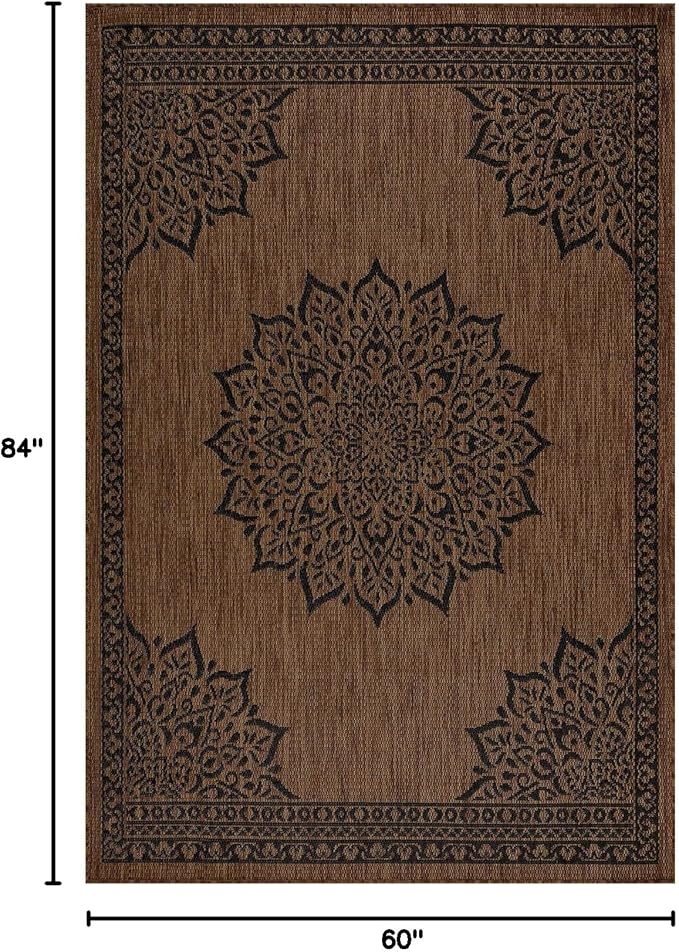 CAMILSON Outdoor Rug, 5x7 Medallion Nut Brown Black Modern Area Rugs for Indoor and Outdoor Patios, Kitchen and Hallway Mats, Washable Porch Deck Outside Carpet (Medallion Nut Brown Black, 5 x 7)