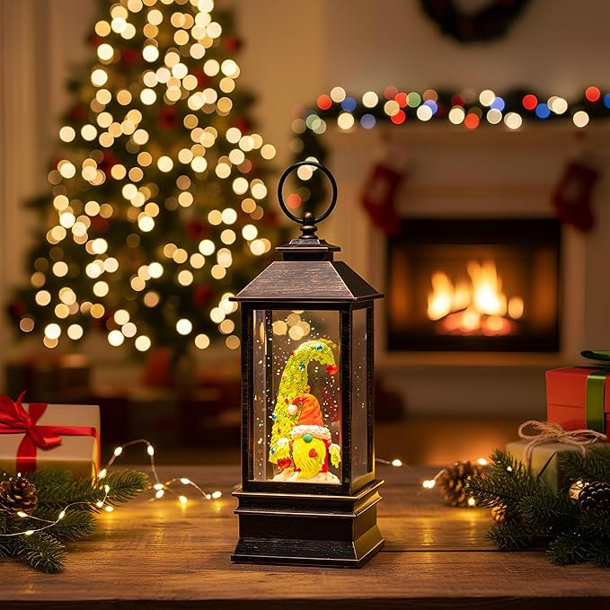 10'' Christmas Gnomes Snow Globe Lantern Lighted Santa Elf Musical Water Lantern Swirling Glittering Home Decoration and Gift, Battery Operated or USB Powered