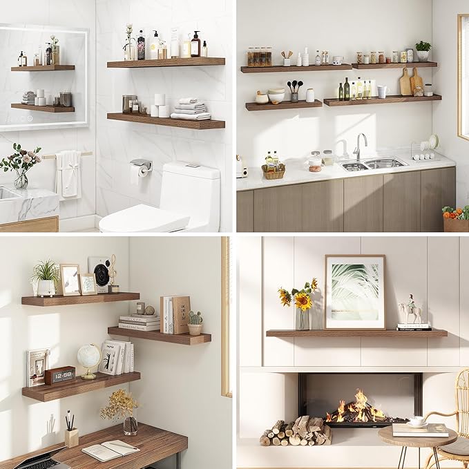 36 Inches Floating Shelves for Wall, 9.3" Deep Long Floating Shelves Set of 2, Large Display & Storage Shelf, Wall Shelf for Bathroom Bedroom Living Room Kitchen Office, Walnut