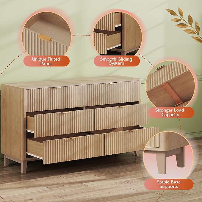 WLIVE Fluted Dresser for Bedroom with 6 Drawers, 54" Wide Wood Dresser with Metal Handles, TV Stand for 65 inch TV, Mid Century Modern Chest of Drawers for Living Room, Hallway, Closet, Natural Oak