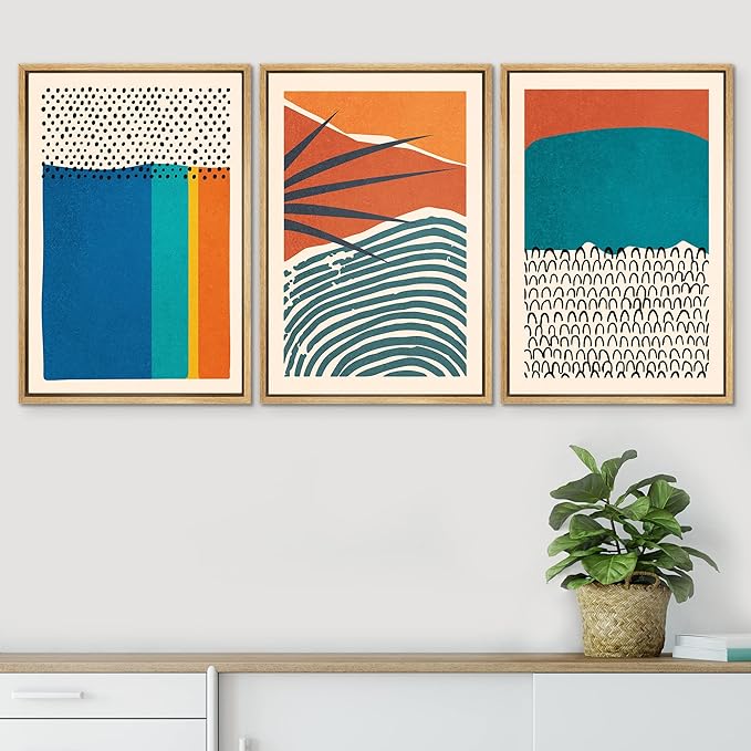 SIGNWIN Framed Canvas Print Wall Art Set Vibrant Tropical Palm Leaf Polygons Nature Wilderness Illustrations Modern Art Decorative Nordic Rustic for Living Room, Bedroom, Office - 24"x36"x3 Natural