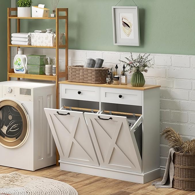 HOMCOM Tilt Out Laundry Hamper Cabinet with 2 Removable Baskets, Freestanding Bathroom Storage Cabinet with 2 Drawers, Trash Can Cabinet for Living Room, Laundry Room, White