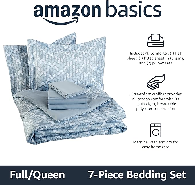 Amazon Basics Full/Queen Comforter Set with Herringbone Sheets, 7-Piece Gray Leaf Bedding, Lightweight Microfiber Bed-in-a-Bag