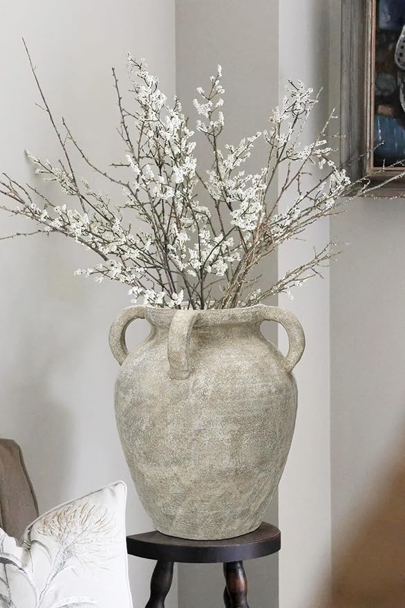 Handmade Flower Vase, 12" Tall Terracotta Vase, Green Vintage Ceramic vase, Rustic Antique Decor with 3 Handles, Wide Mouth, Matte Finish for Home Office Resto Café Décor