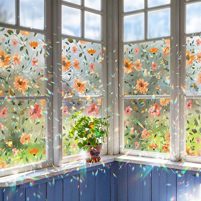 Window Film, Stained Glass Window Privacy Film, Watercolor Flowers Double Sided Non-Adhesive Glass Window Clings Stickers for Home Office Living Room Windows Door Decor