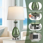Coastal Glass Table Lamps Set of 2, 3-Way Dimmable Touch Control Nautical Lamp with USB A+C Ports,Bedside Lamp Beach Decor,Nightstand Lamp with White Shade for Living Room Bedroom(LED Bulbs Included)