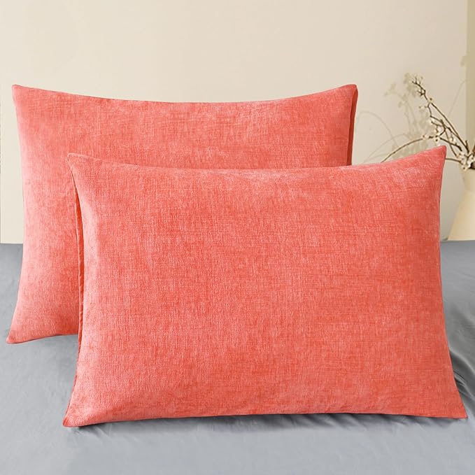 CaliTime Throw Pillow Covers Decorative 20 X 26 Inches Pack of 2 Cozy Chenille Standard Pillow Shams Cases for Couch Sofa Bed Living Room Home Living Coral