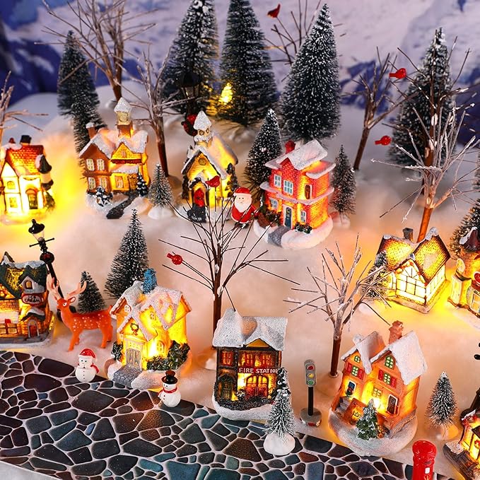 Kajaia 68 Pieces Christmas Winter Houses Village Set, Christmas Bare Branch Trees Snowman Winter Village Town Buildings Accessories Set for Christmas Figurine Village Miniature Home Desktop Decor
