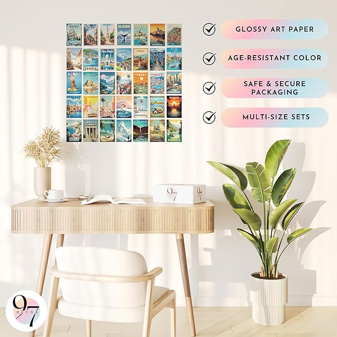97 Decor Vintage Travel Decor - Travel Posters Wall Art Prints, Vintage Postcards from Around The World, City Landscape Aesthetic Pictures Retro Popular Cities Photo Collage Kit for Teen Bedroom (4x6)