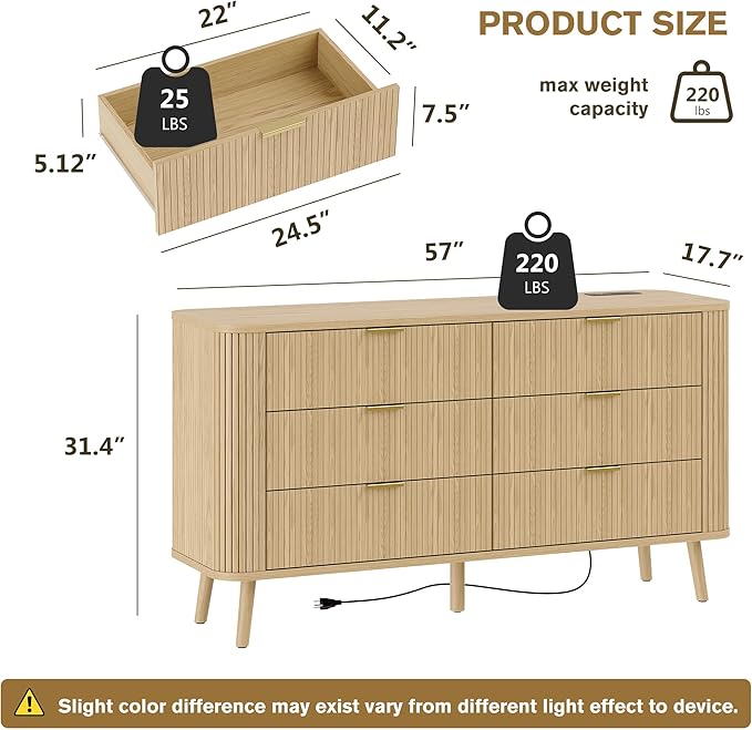 Alohappy Fluted 6 Drawer Dresser with Charging, 57" Wide Wood Dresser TV Stand, Mid Century Modern Long Dressers with Curved Profile Design for Closet (Natural Oak, 17.7" D x 57" W x 31.5" H)