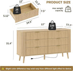 Alohappy Fluted 6 Drawer Dresser with Charging, 57" Wide Wood Dresser TV Stand, Mid Century Modern Long Dressers with Curved Profile Design for Closet (Natural Oak, 17.7" D x 57" W x 31.5" H)